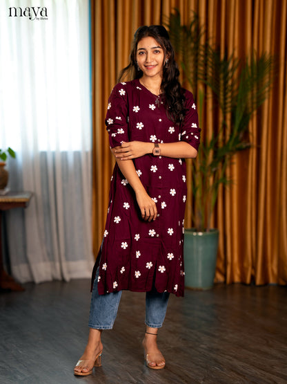 Wine Floral Printed Rayon A - Line Kurti