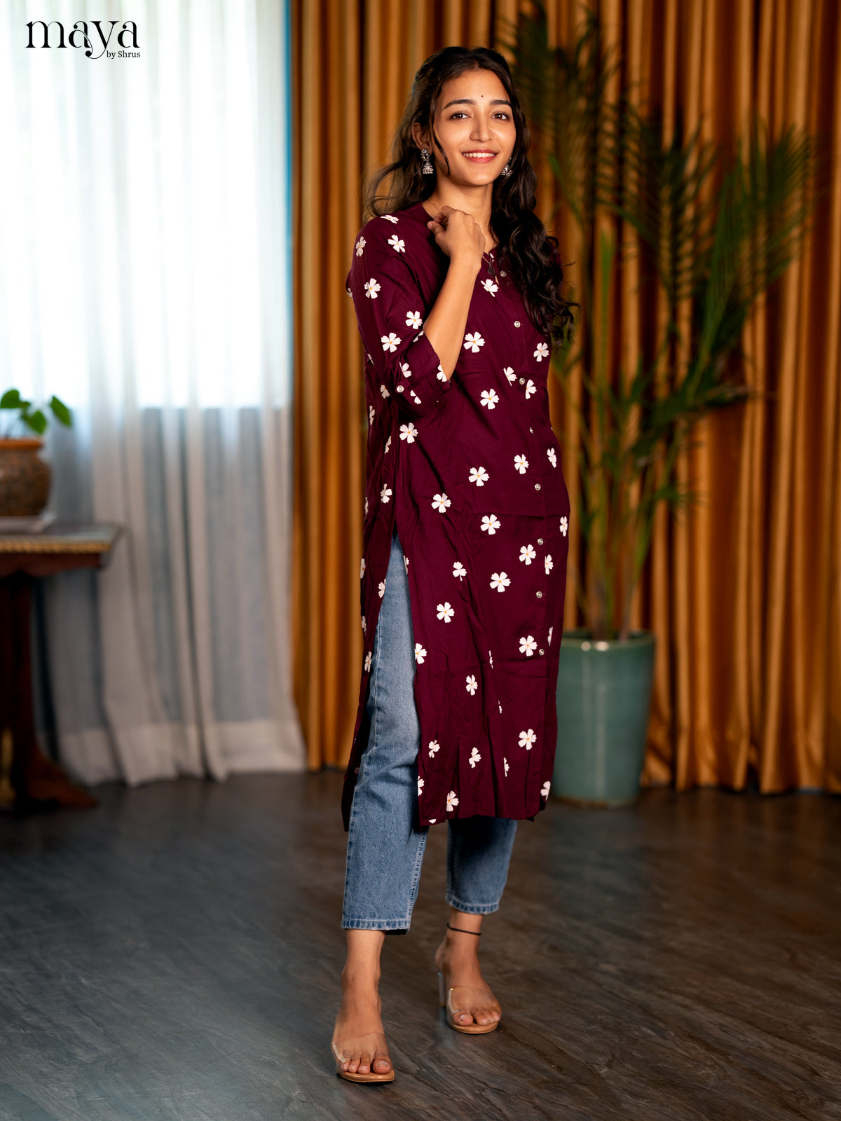 Wine Floral Printed Rayon A - Line Kurti