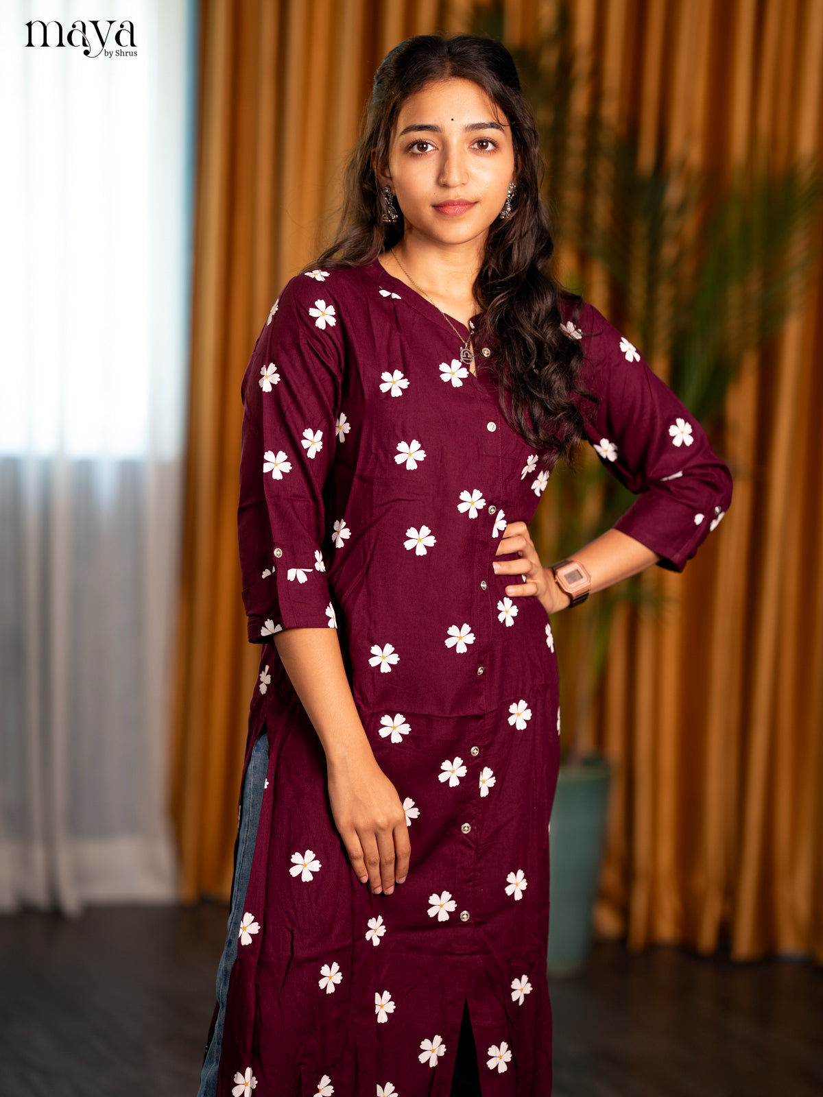 Wine Floral Printed Rayon A - Line Kurti