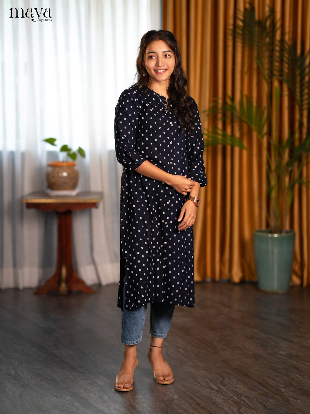 Dark Navy Blue Floral Printed Rayon A- Line Kurti