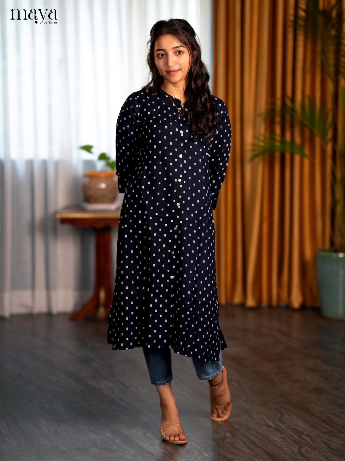 Dark Navy Blue Floral Printed Rayon A- Line Kurti
