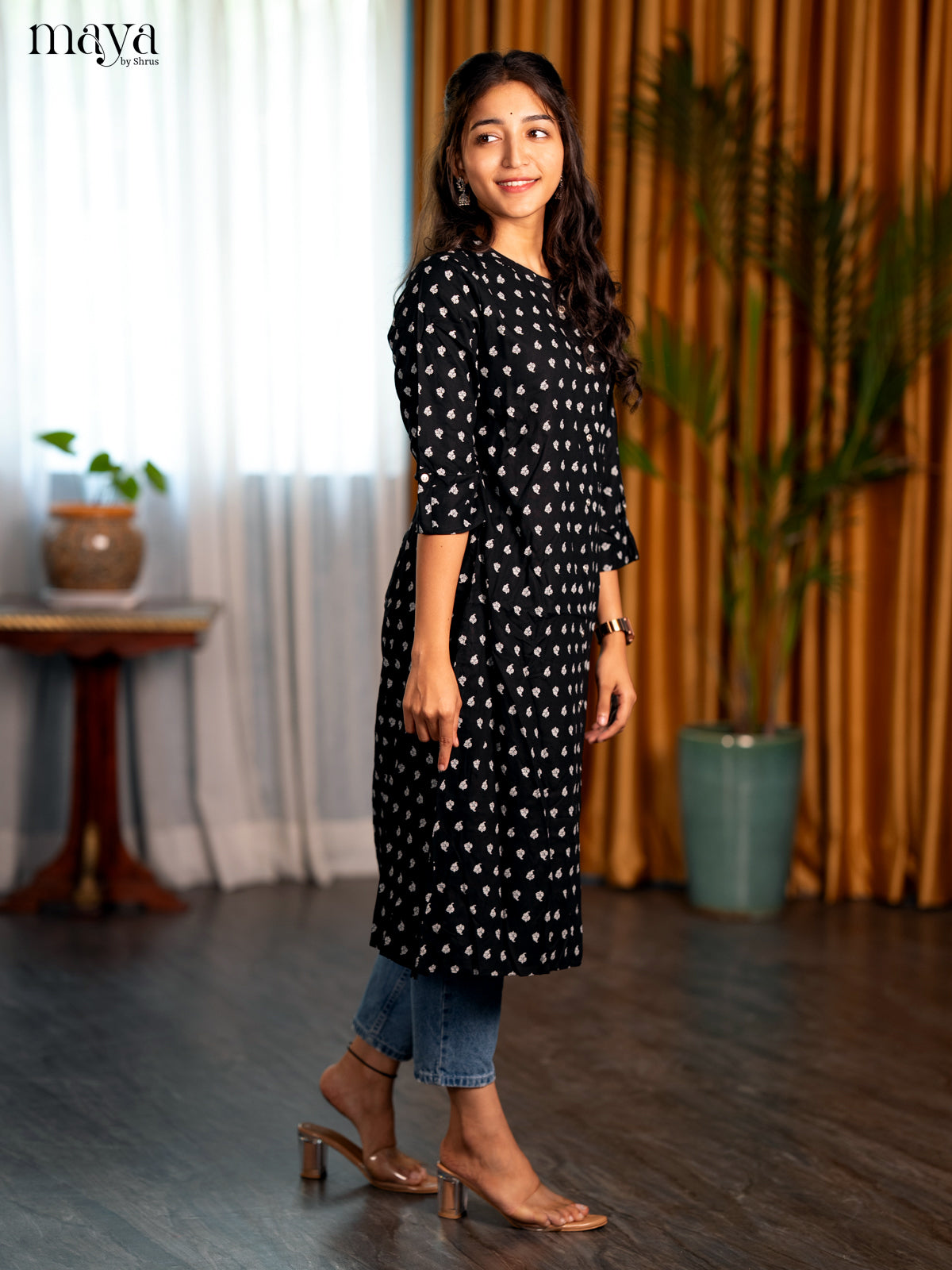 Black Floral Printed Rayon A- Line Kurti