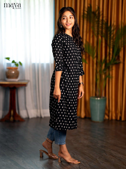 Black Floral Printed Rayon A- Line Kurti
