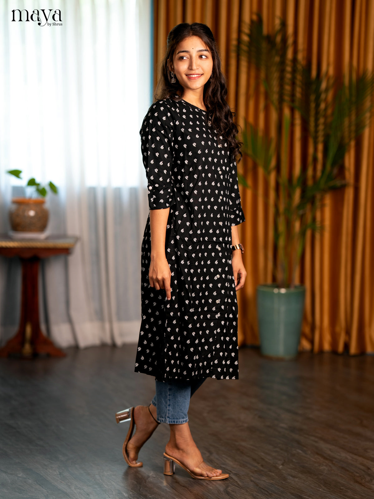 Black Floral Printed Rayon A- Line Kurti