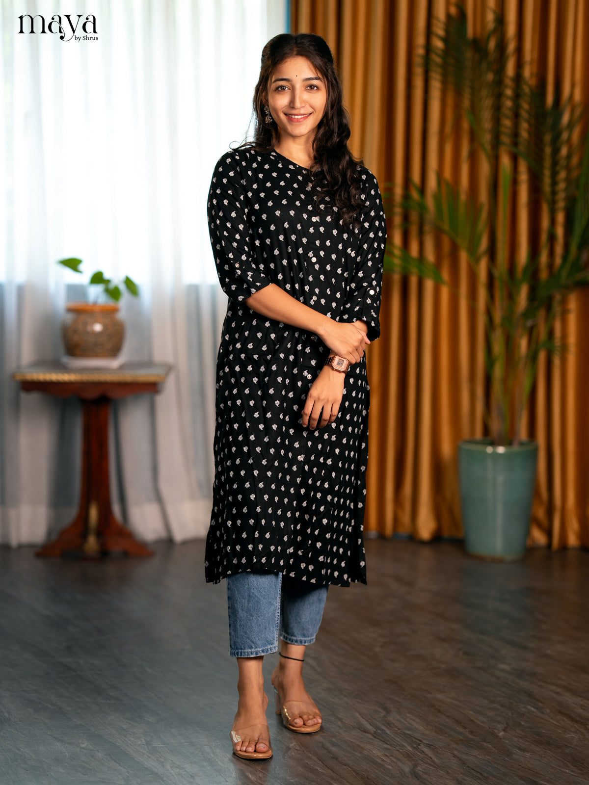 Black Floral Printed Rayon A- Line Kurti