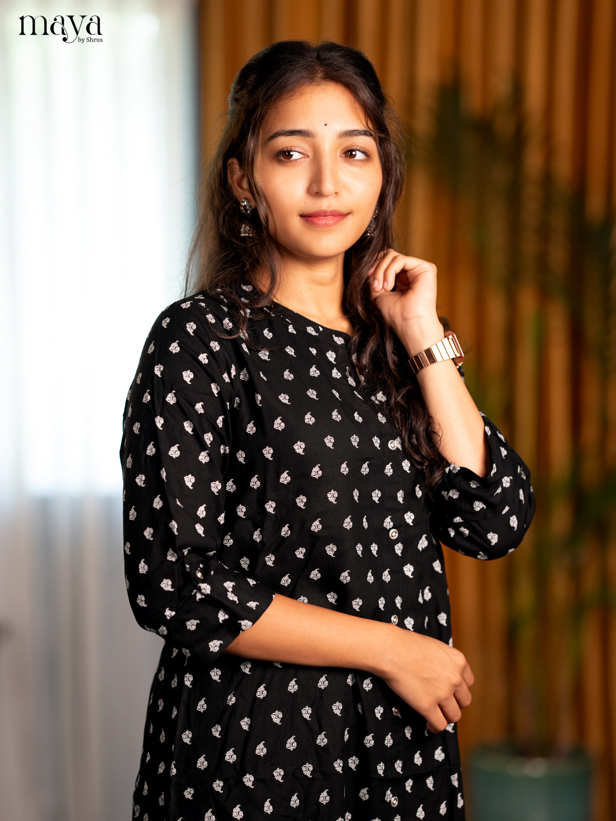 Black Floral Printed Rayon A- Line Kurti
