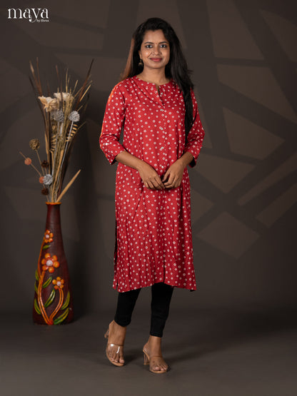 Dark Red Floral Printed Rayon A- Line Kurti