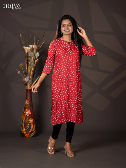 Dark Red Floral Printed Rayon A- Line Kurti