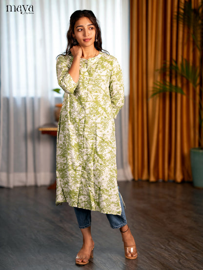 White with Green Printed Rayon A- Line Kurti
