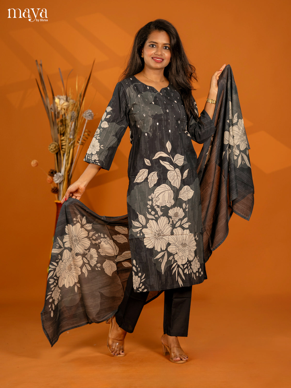 Elephant Grey Cotton 3pc Salwar Suit with Floral Print - Top, Bottom & Dupatta