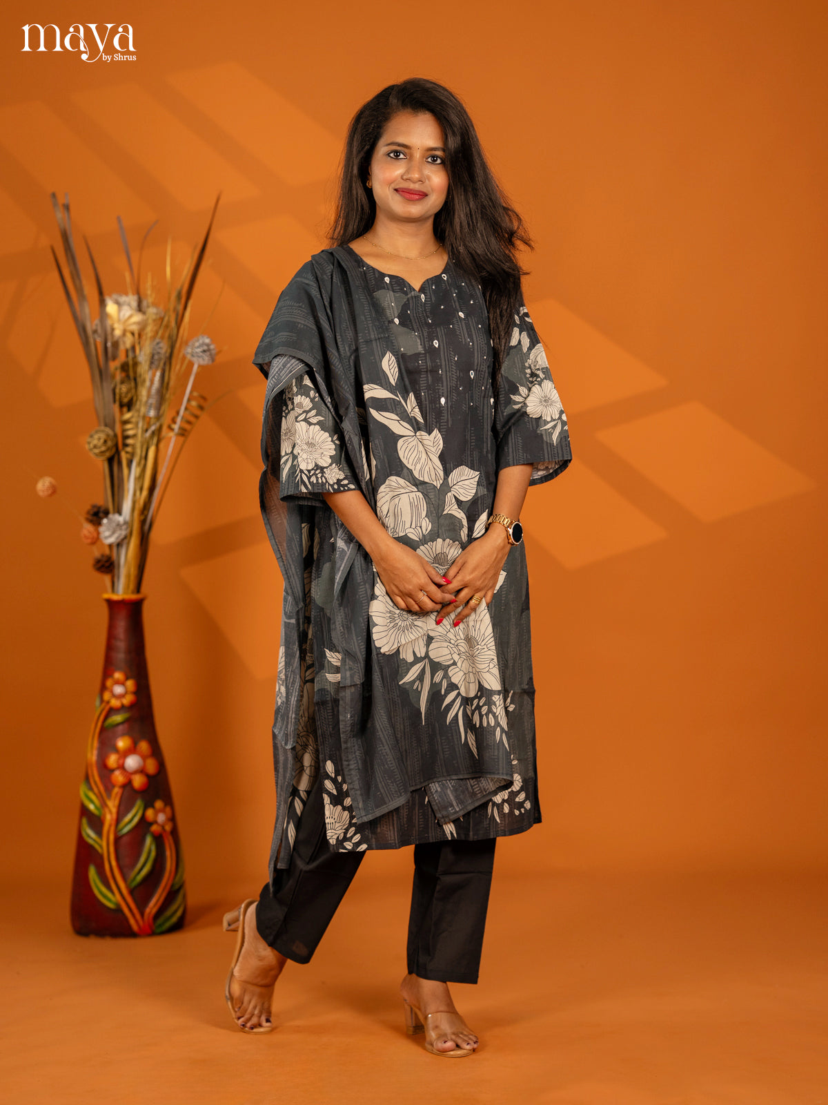 Elephant Grey Cotton 3pc Salwar Suit with Floral Print - Top, Bottom & Dupatta