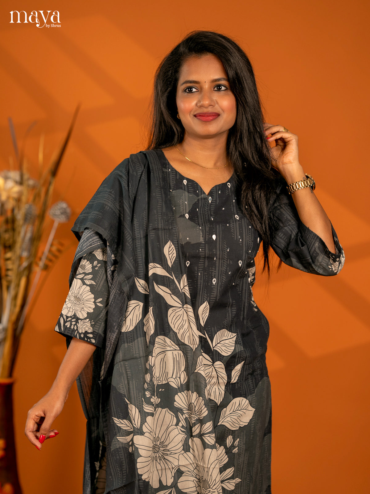Elephant Grey Cotton 3pc Salwar Suit with Floral Print - Top, Bottom & Dupatta