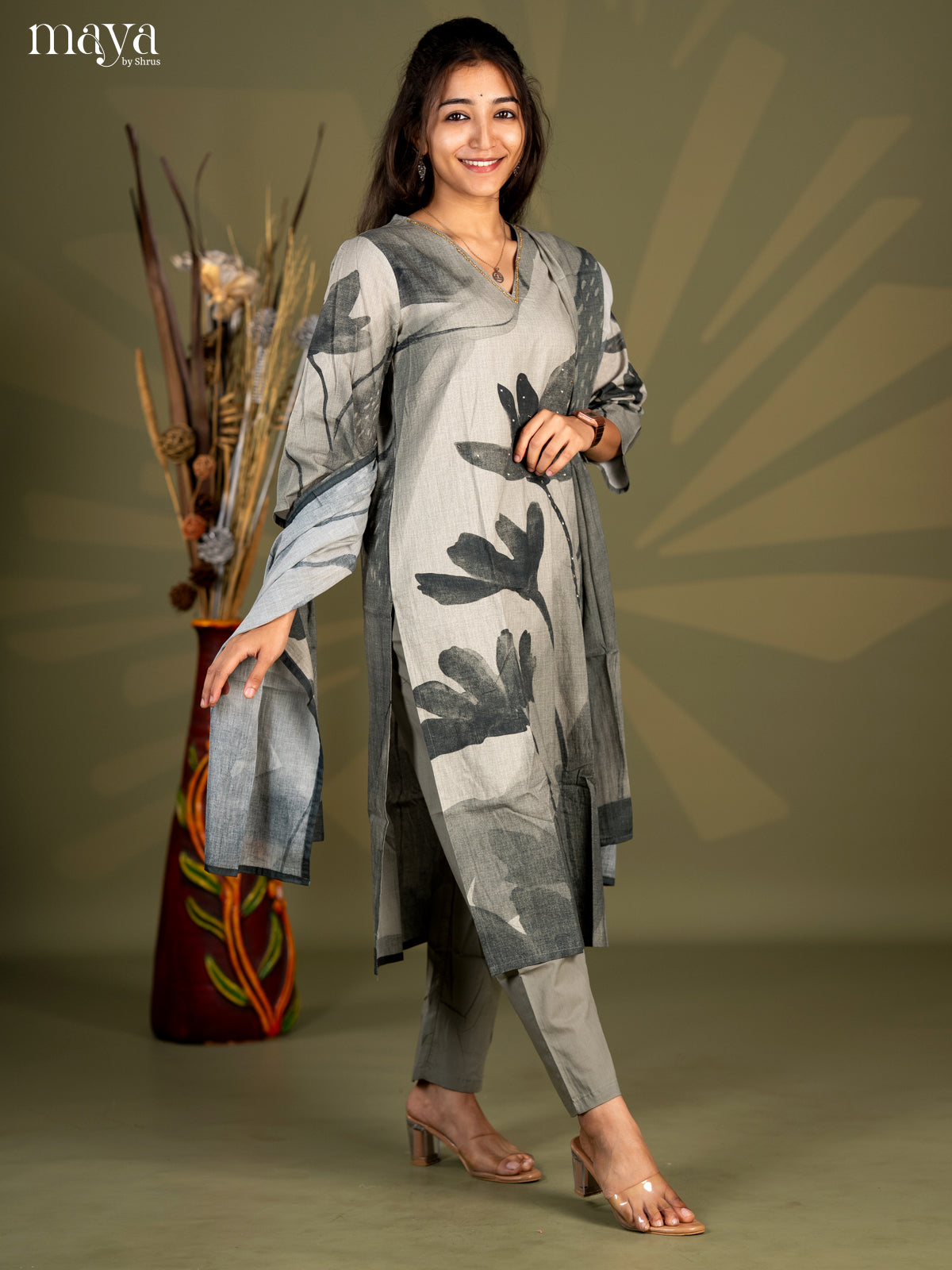 Pasteal Green Cotton 3pc Salwar Suit with Floral Print - Top, Bottom & Dupatta