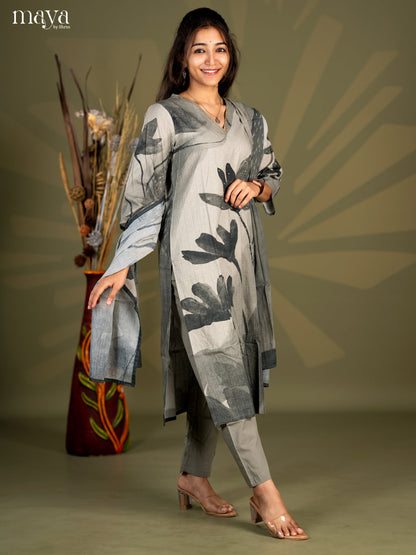 Pasteal Green Cotton 3pc Salwar Suit with Floral Print - Top, Bottom & Dupatta