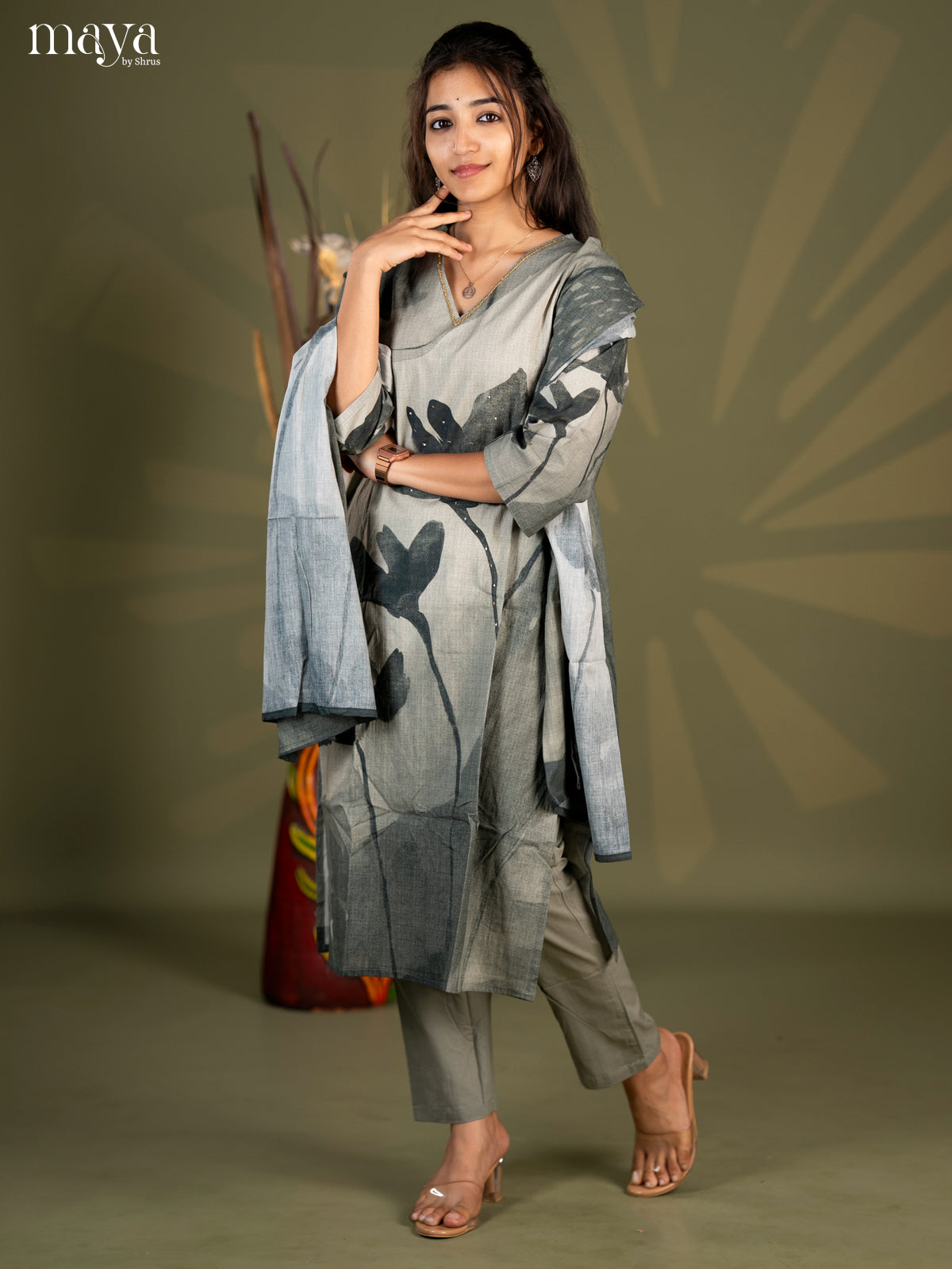 Pasteal Green Cotton 3pc Salwar Suit with Floral Print - Top, Bottom & Dupatta