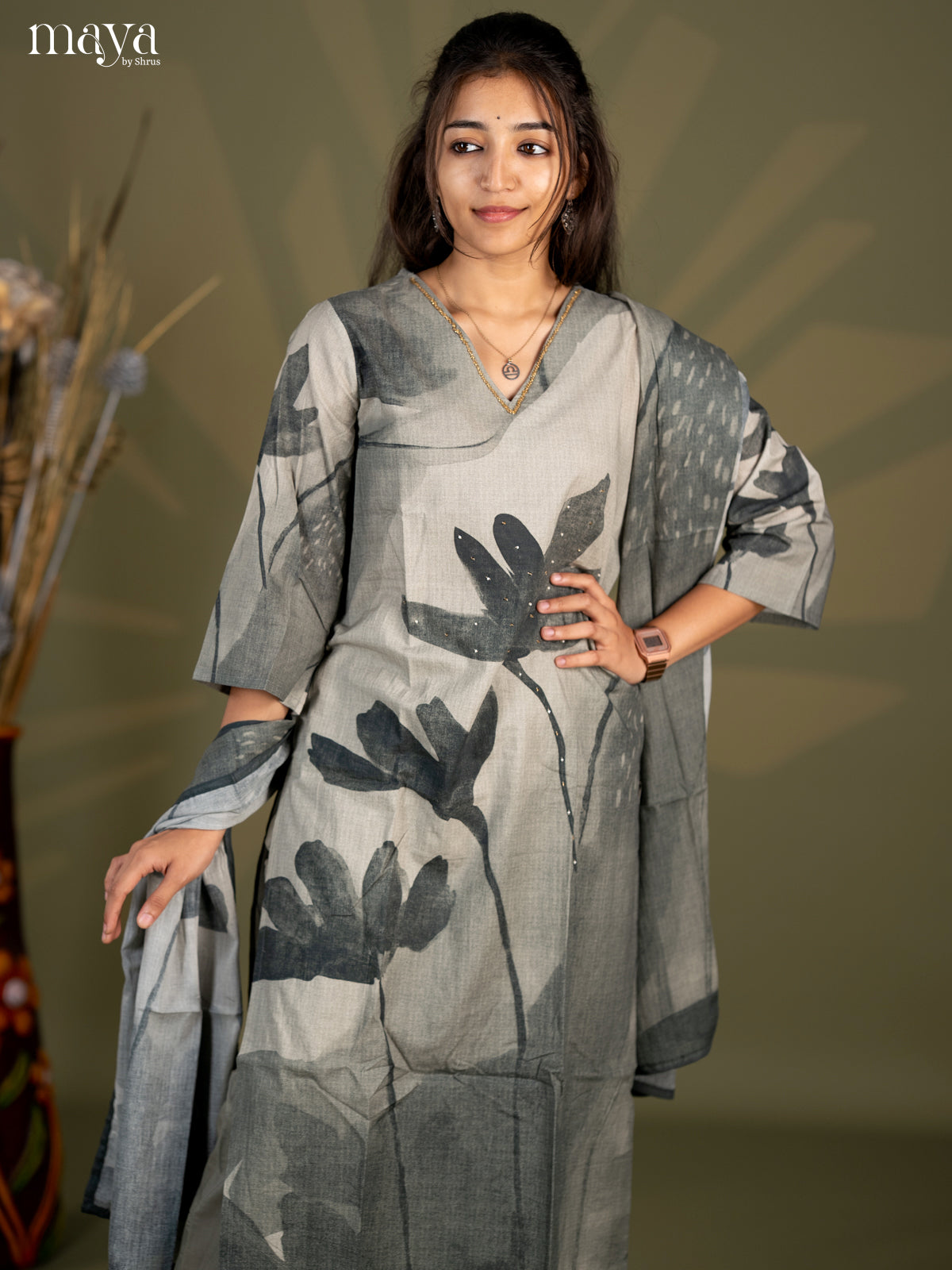 Pasteal Green Cotton 3pc Salwar Suit with Floral Print - Top, Bottom & Dupatta