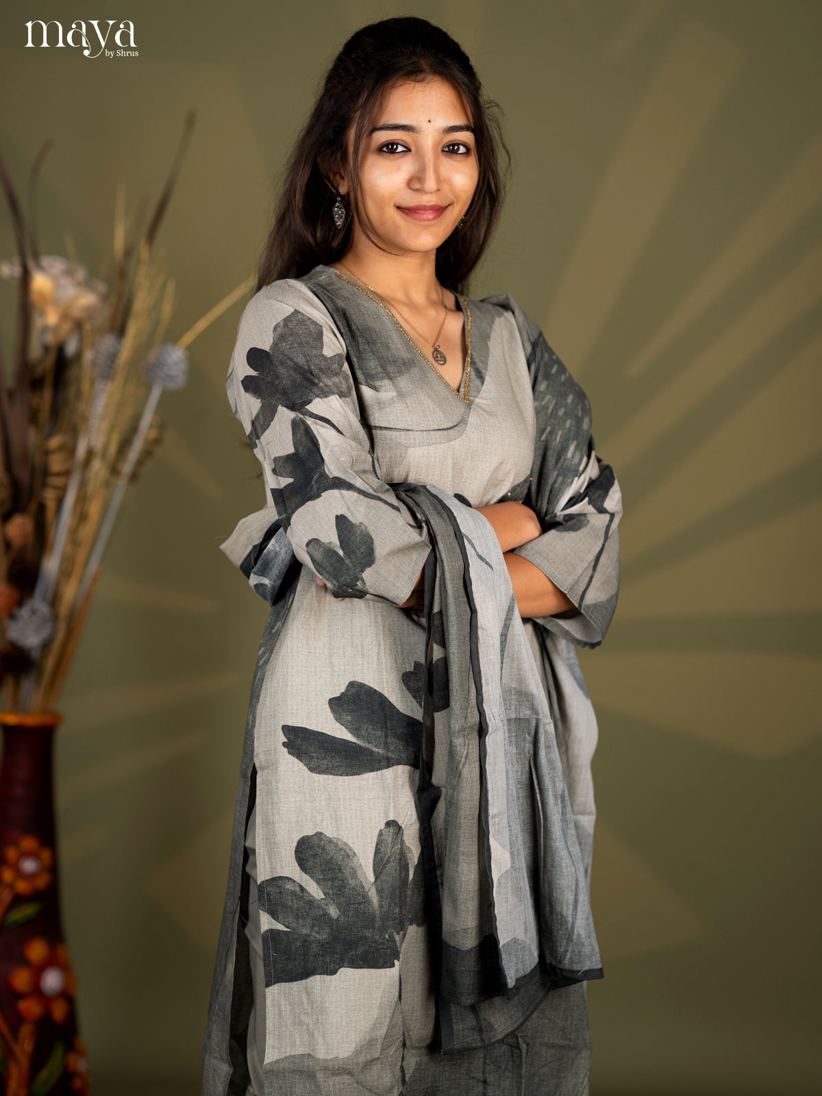 Pasteal Green Cotton 3pc Salwar Suit with Floral Print - Top, Bottom & Dupatta