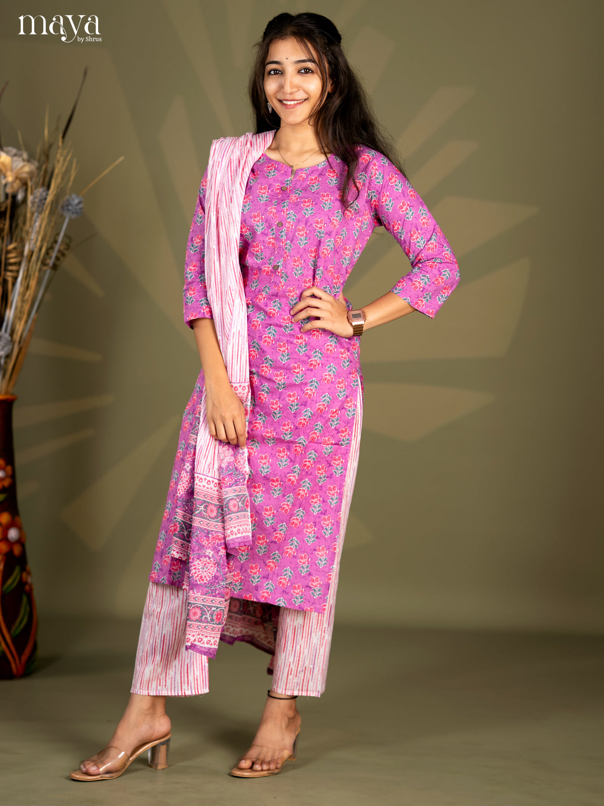 Purple Cotton 3pc Salwar Suit with Floral Print - Top, Bottom & Dupatta