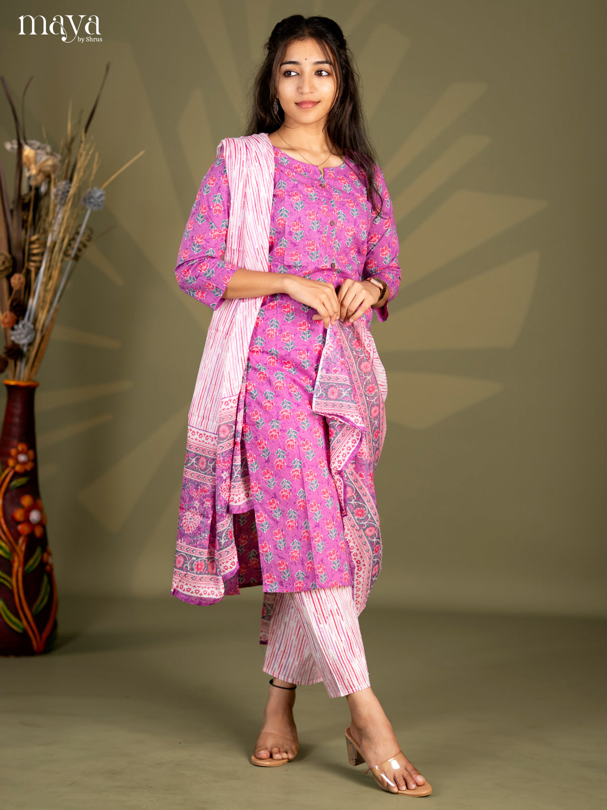 Purple Cotton 3pc Salwar Suit with Floral Print - Top, Bottom & Dupatta