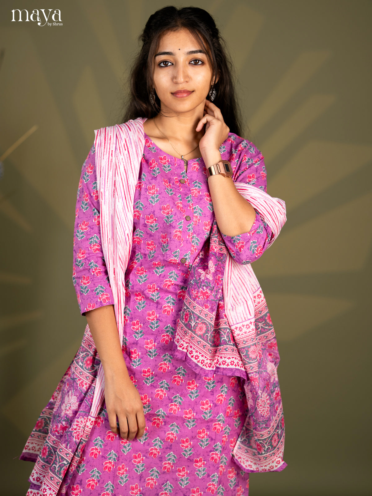 Purple Cotton 3pc Salwar Suit with Floral Print - Top, Bottom & Dupatta
