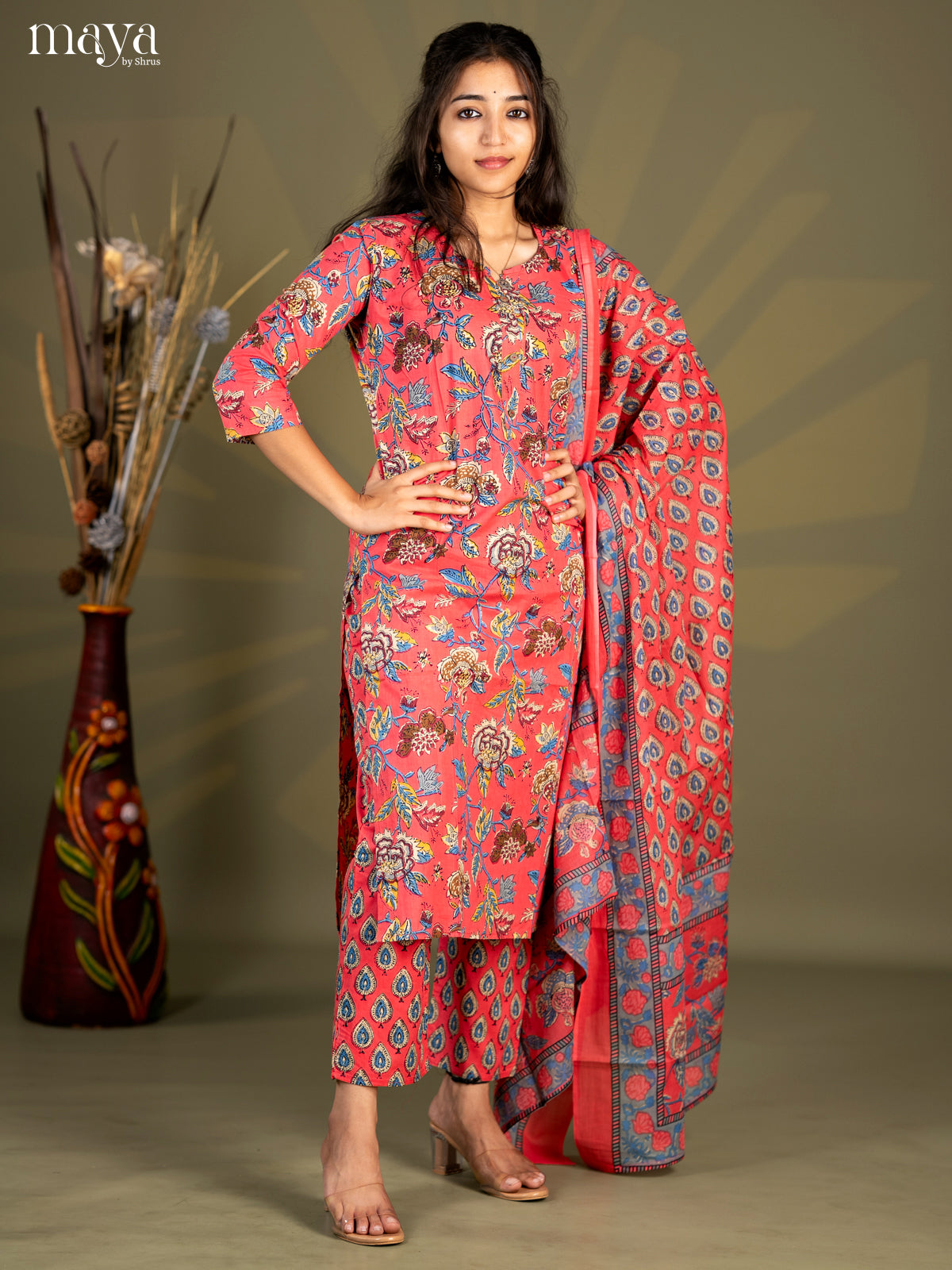 Peach Pik Cotton 3pc Salwar Suit with Floral Print - Top, Bottom & Dupatta