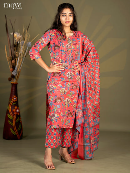 Peach Pik Cotton 3pc Salwar Suit with Floral Print - Top, Bottom & Dupatta