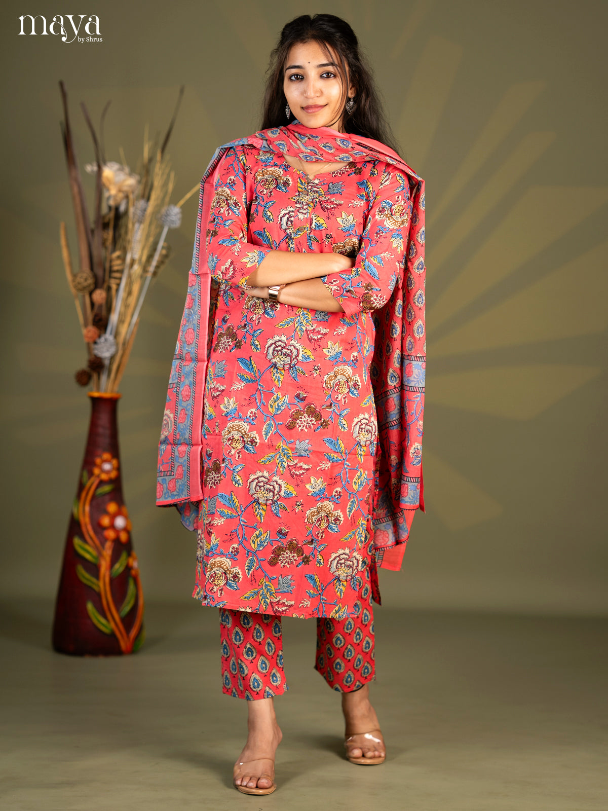 Peach Pik Cotton 3pc Salwar Suit with Floral Print - Top, Bottom & Dupatta