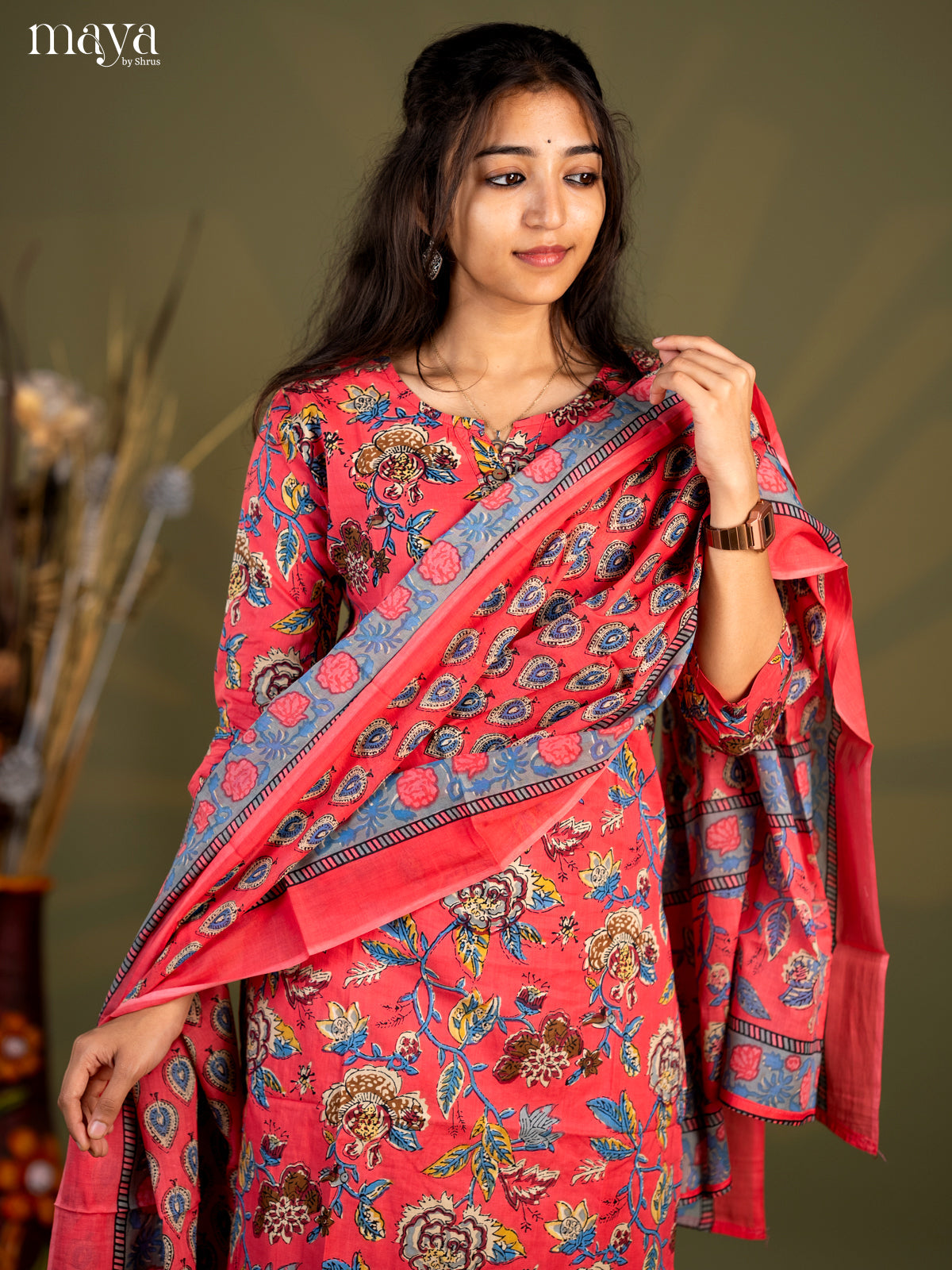 Peach Pik Cotton 3pc Salwar Suit with Floral Print - Top, Bottom & Dupatta