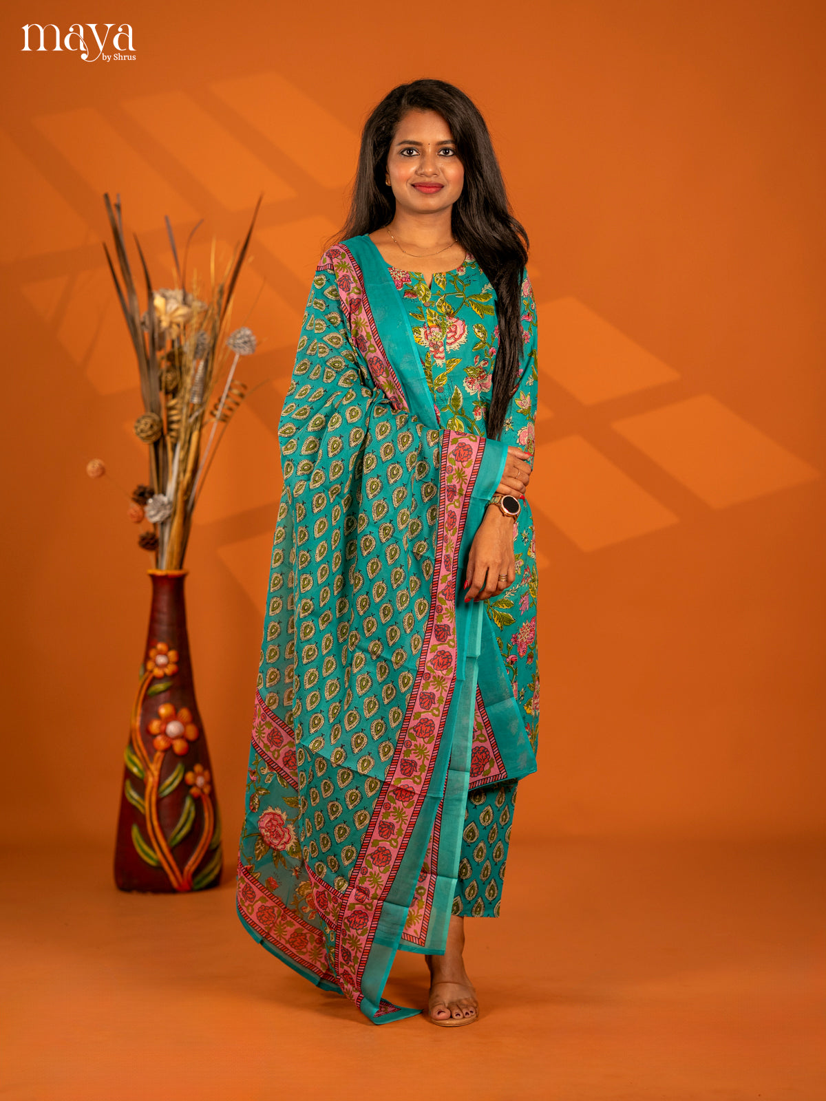 Teal Green Cotton 3pc Salwar Suit with Floral Print - Top, Bottom & Dupatta