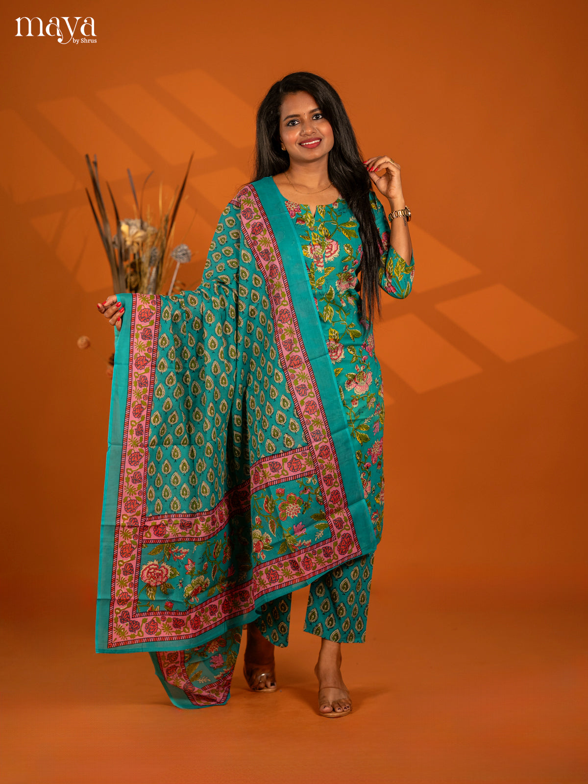 Teal Green Cotton 3pc Salwar Suit with Floral Print - Top, Bottom & Dupatta