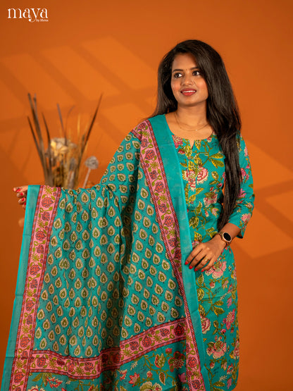 Teal Green Cotton 3pc Salwar Suit with Floral Print - Top, Bottom & Dupatta