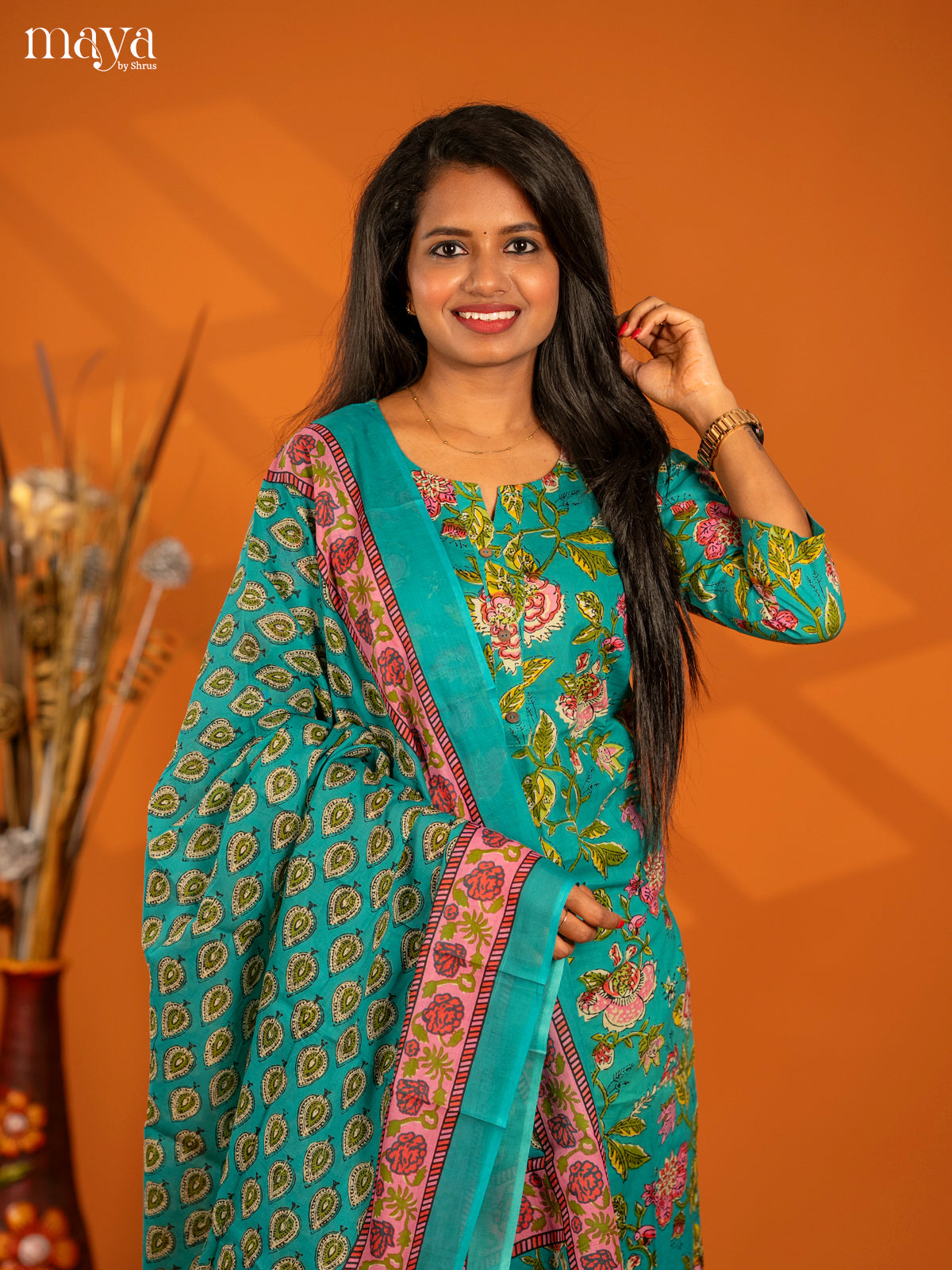 Teal Green Cotton 3pc Salwar Suit with Floral Print - Top, Bottom & Dupatta