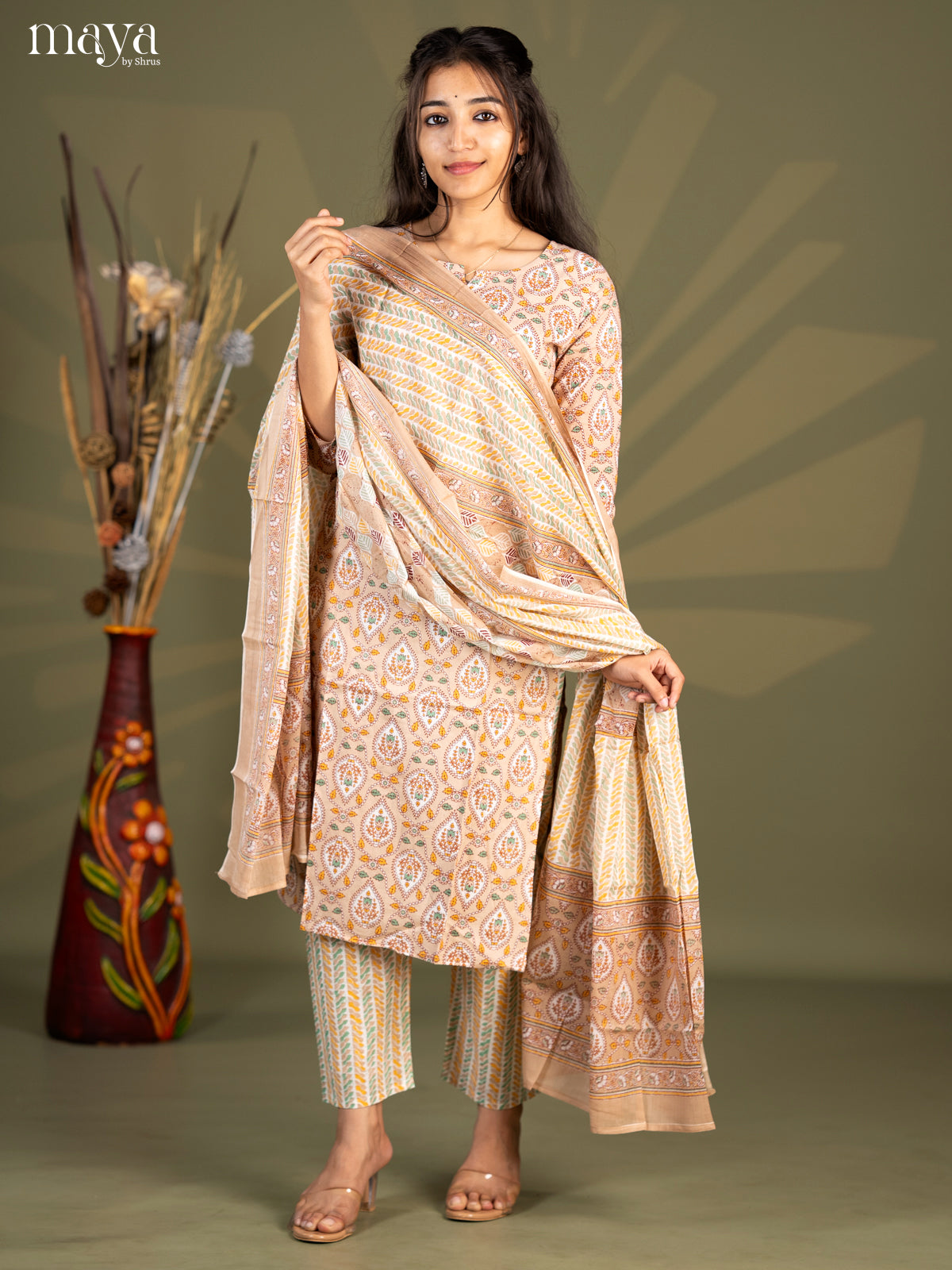 Beige Cotton 3pc Salwar Suit with Pasiley Print - Top, Bottom & Dupatta