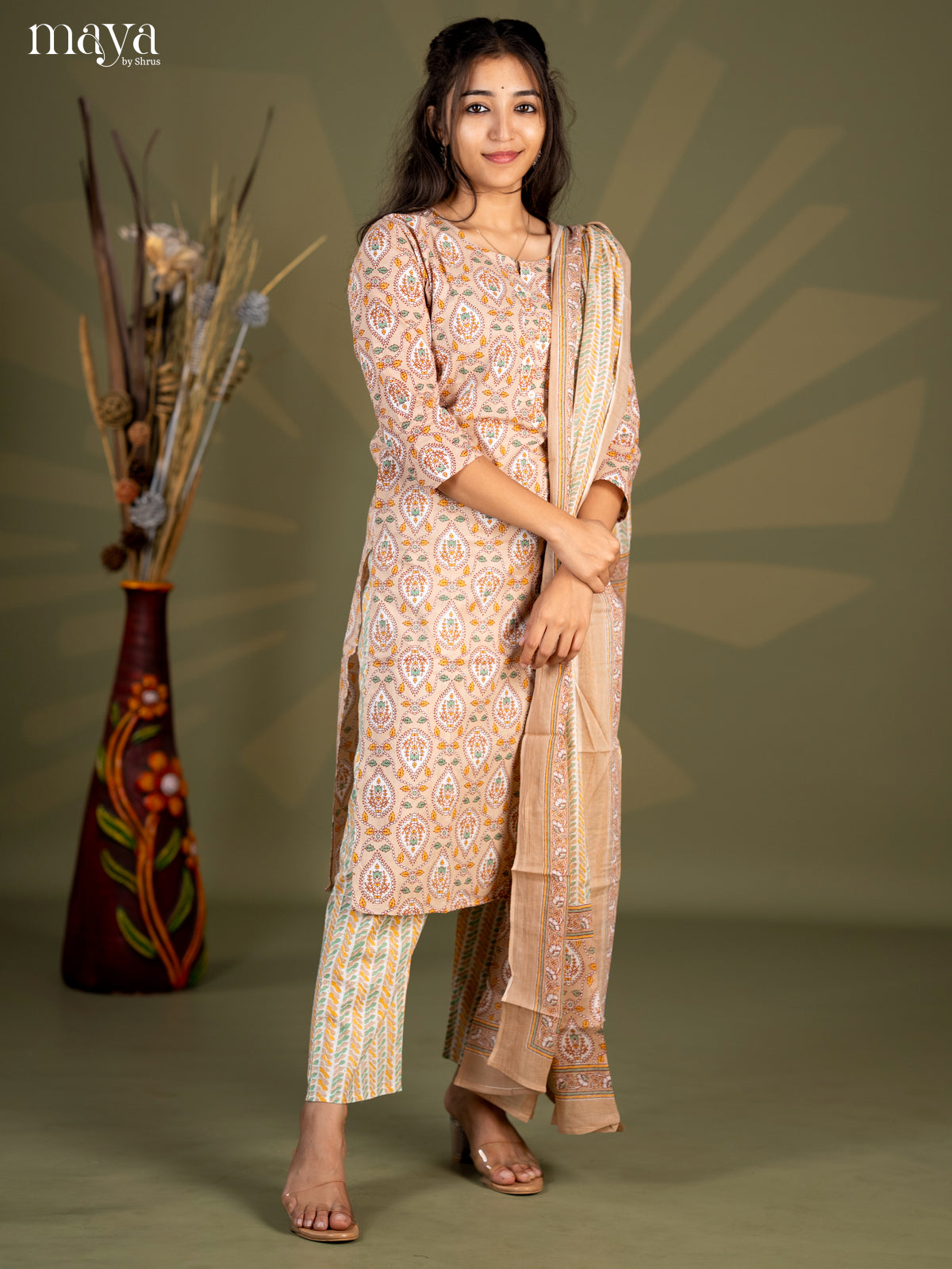 Beige Cotton 3pc Salwar Suit with Pasiley Print - Top, Bottom & Dupatta