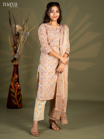 Beige Cotton 3pc Salwar Suit with Pasiley Print - Top, Bottom & Dupatta