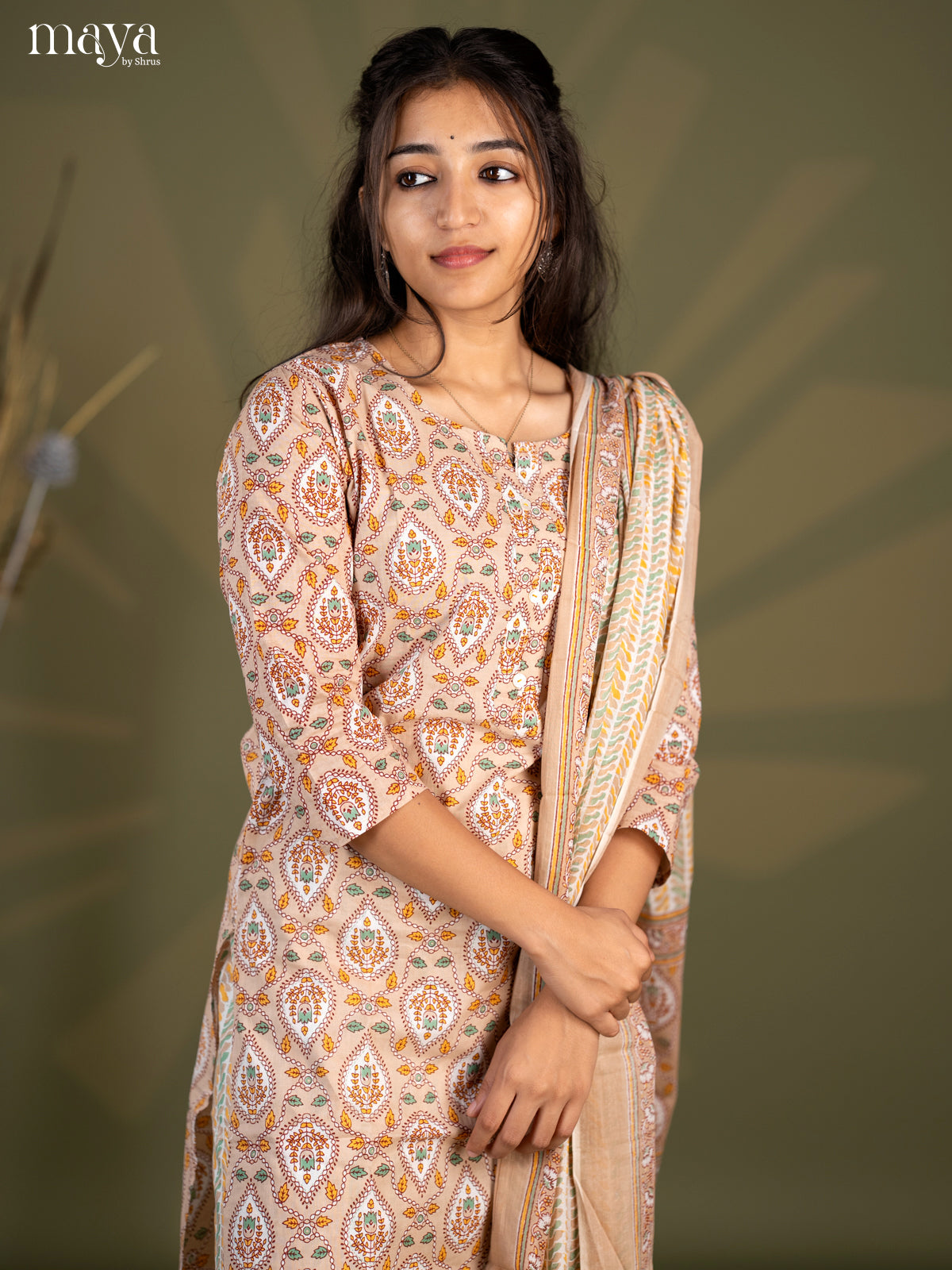 Beige Cotton 3pc Salwar Suit with Pasiley Print - Top, Bottom & Dupatta