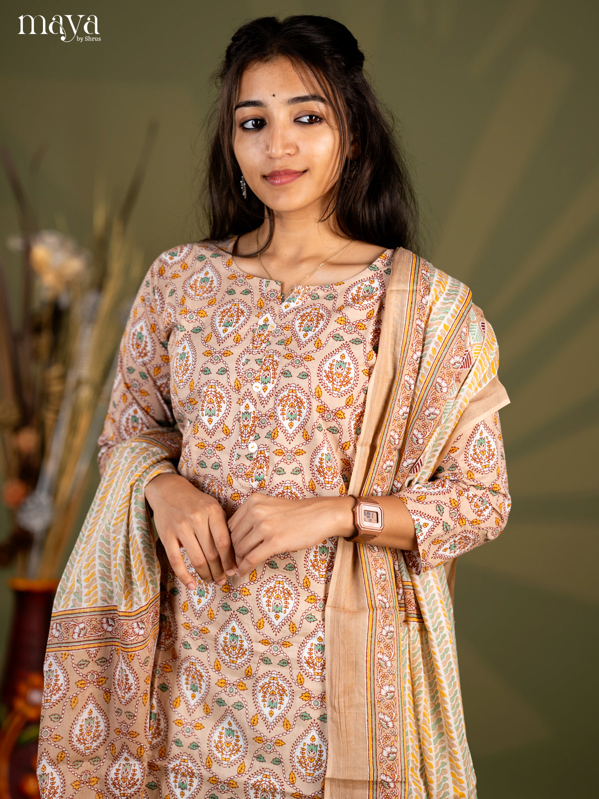 Beige Cotton 3pc Salwar Suit with Pasiley Print - Top, Bottom & Dupatta