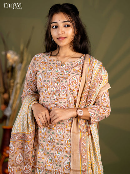 Beige Cotton 3pc Salwar Suit with Pasiley Print - Top, Bottom & Dupatta