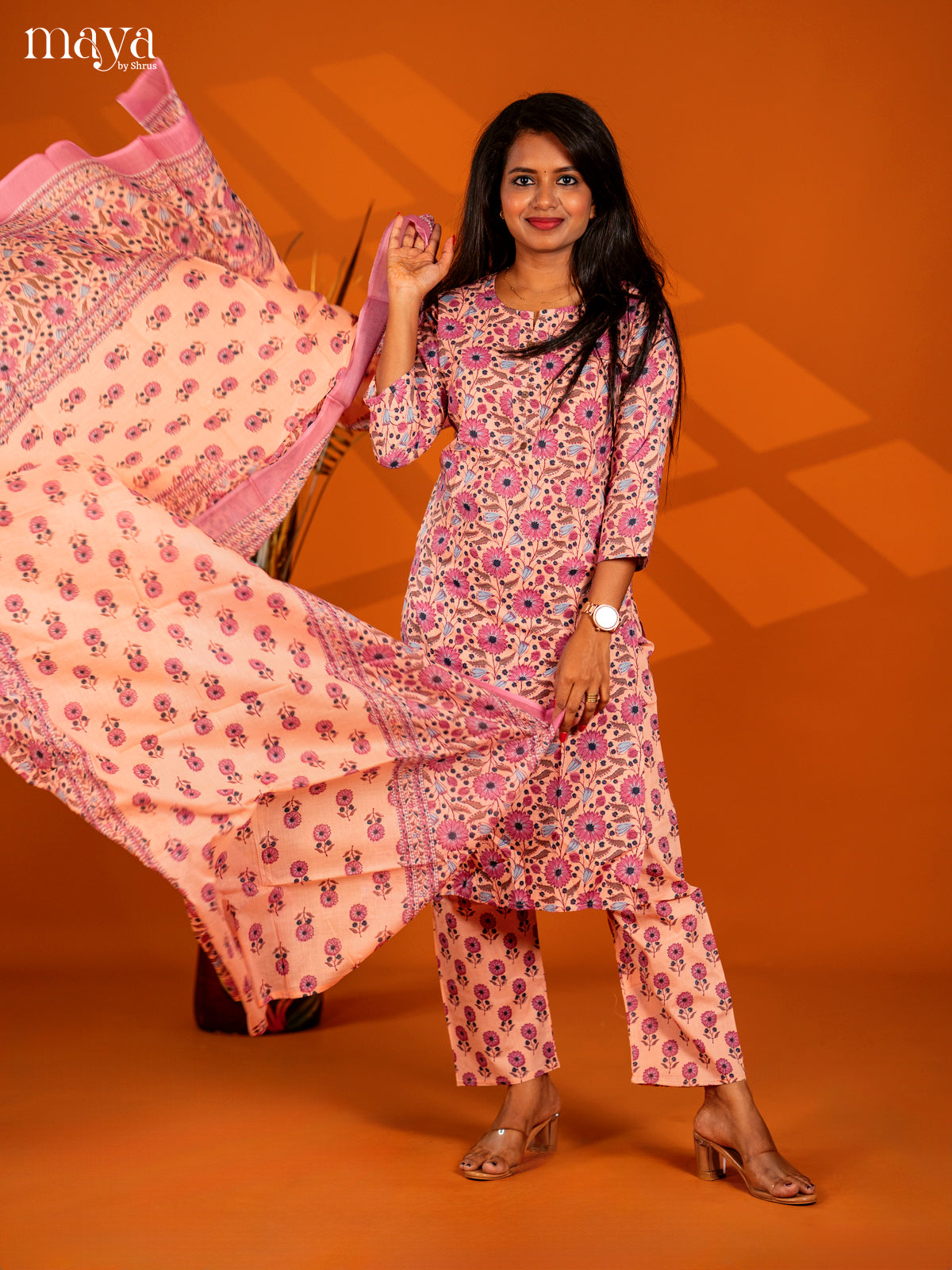 Peach Cotton 3pc Salwar Suit with Floral Print - Top, Bottom & Dupatta