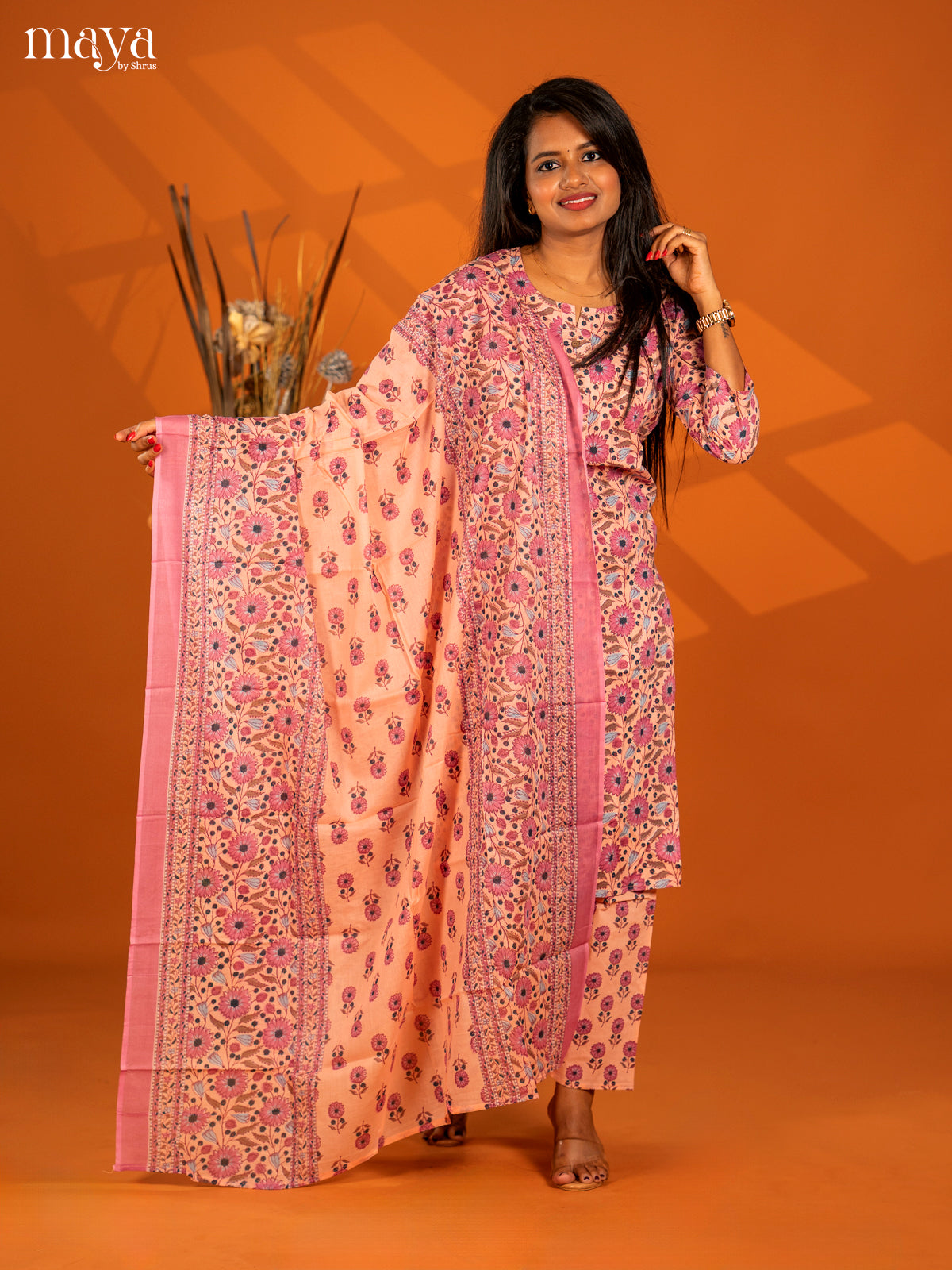 Peach Cotton 3pc Salwar Suit with Floral Print - Top, Bottom & Dupatta