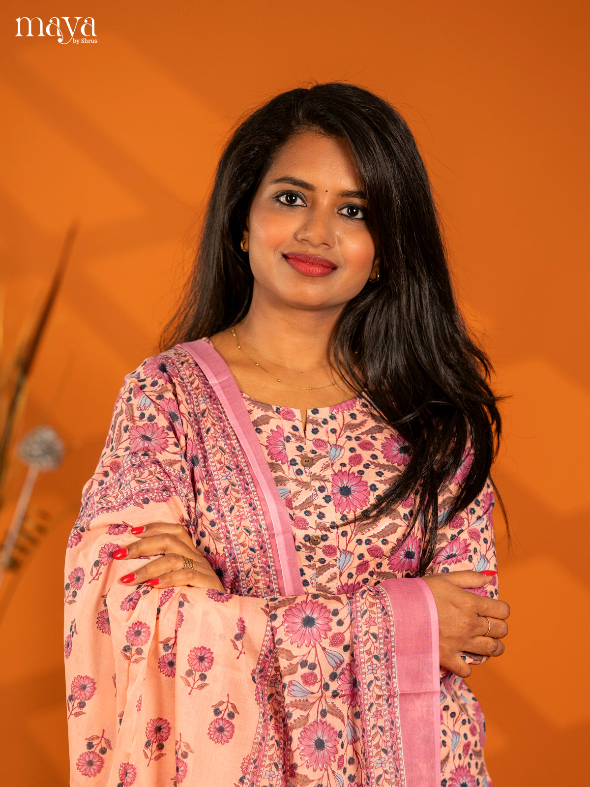 Peach Cotton 3pc Salwar Suit with Floral Print - Top, Bottom & Dupatta