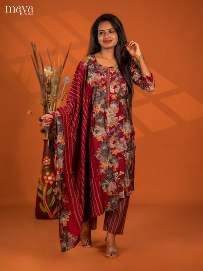 Maroon Grape 3pc Salwar Suit with Floral Print - Top, Bottom & Dupatta