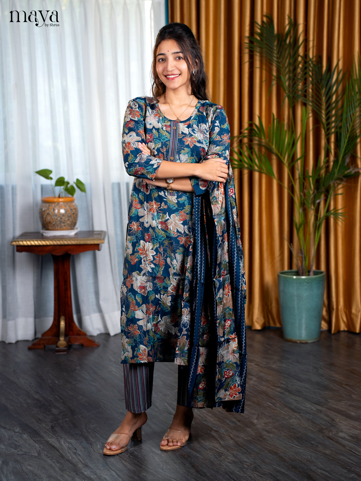 Peacock Blue Rayon 3pc Salwar Suit with Floral Print - Top, Bottom & Dupatta