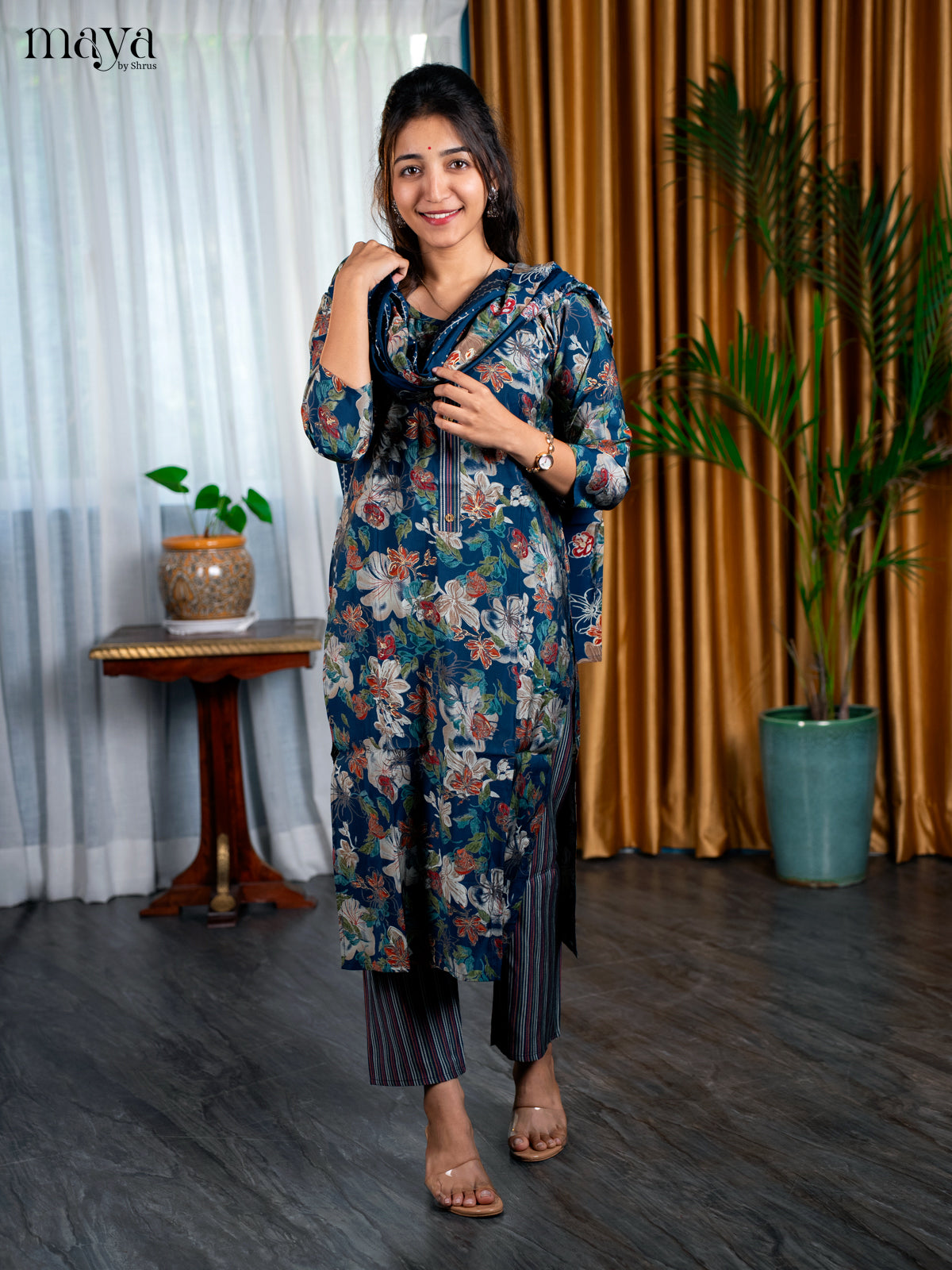 Peacock Blue Rayon 3pc Salwar Suit with Floral Print - Top, Bottom & Dupatta