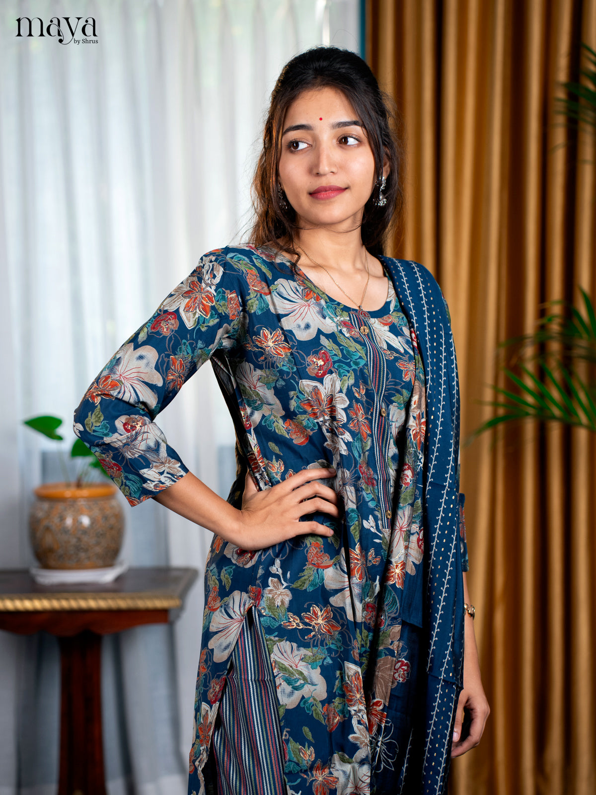 Peacock Blue Rayon 3pc Salwar Suit with Floral Print - Top, Bottom & Dupatta