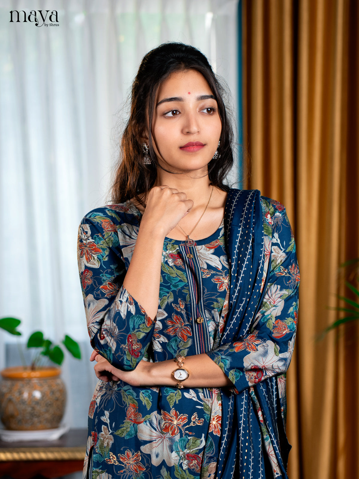 Peacock Blue Rayon 3pc Salwar Suit with Floral Print - Top, Bottom & Dupatta