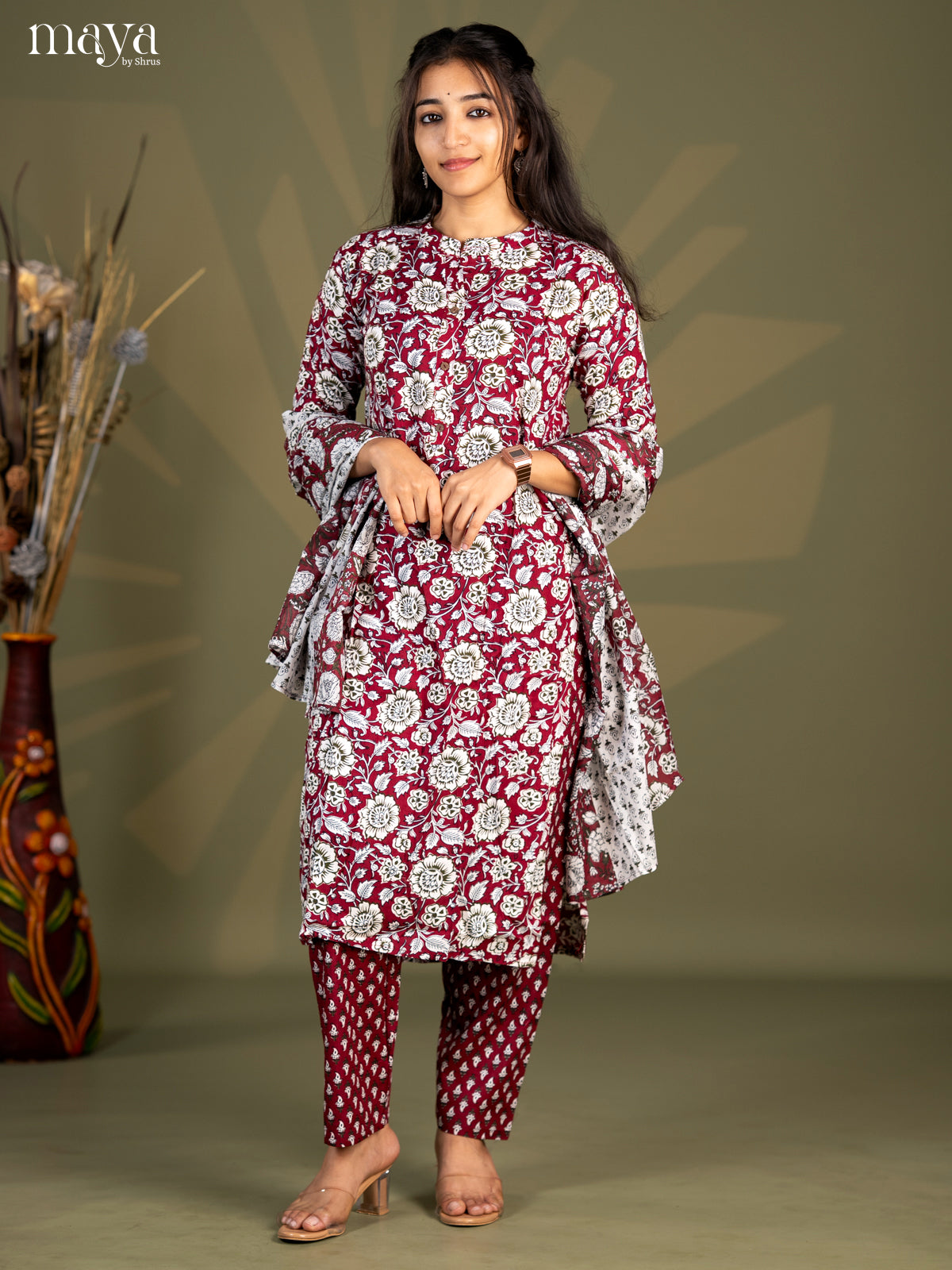 Burgundy Rayon 3pc Salwar Suit with Floral Print - Top, Bottom & Dupatta