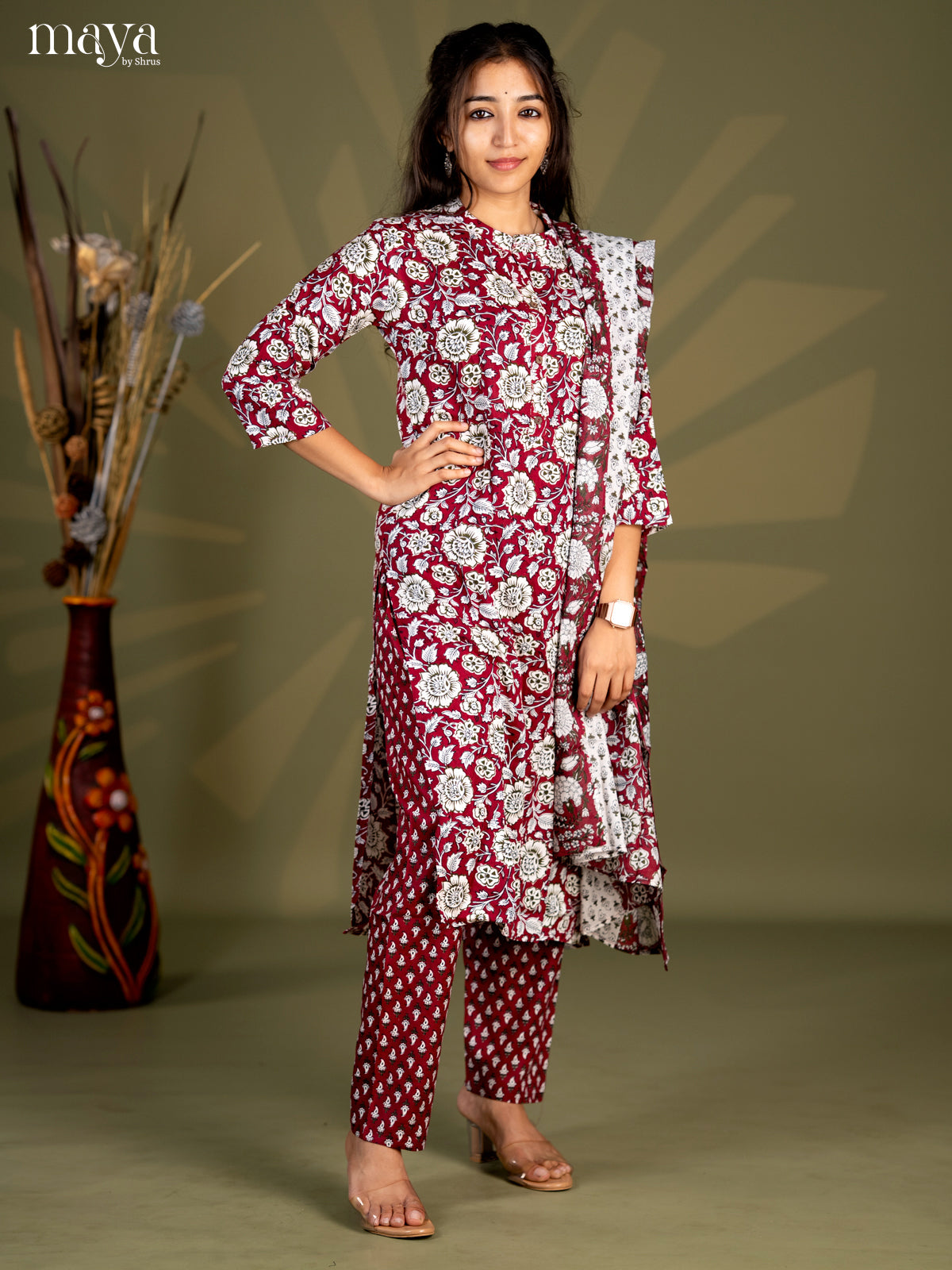 Burgundy Rayon 3pc Salwar Suit with Floral Print - Top, Bottom & Dupatta