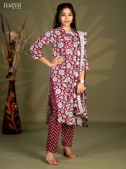 Burgundy Rayon 3pc Salwar Suit with Floral Print - Top, Bottom & Dupatta