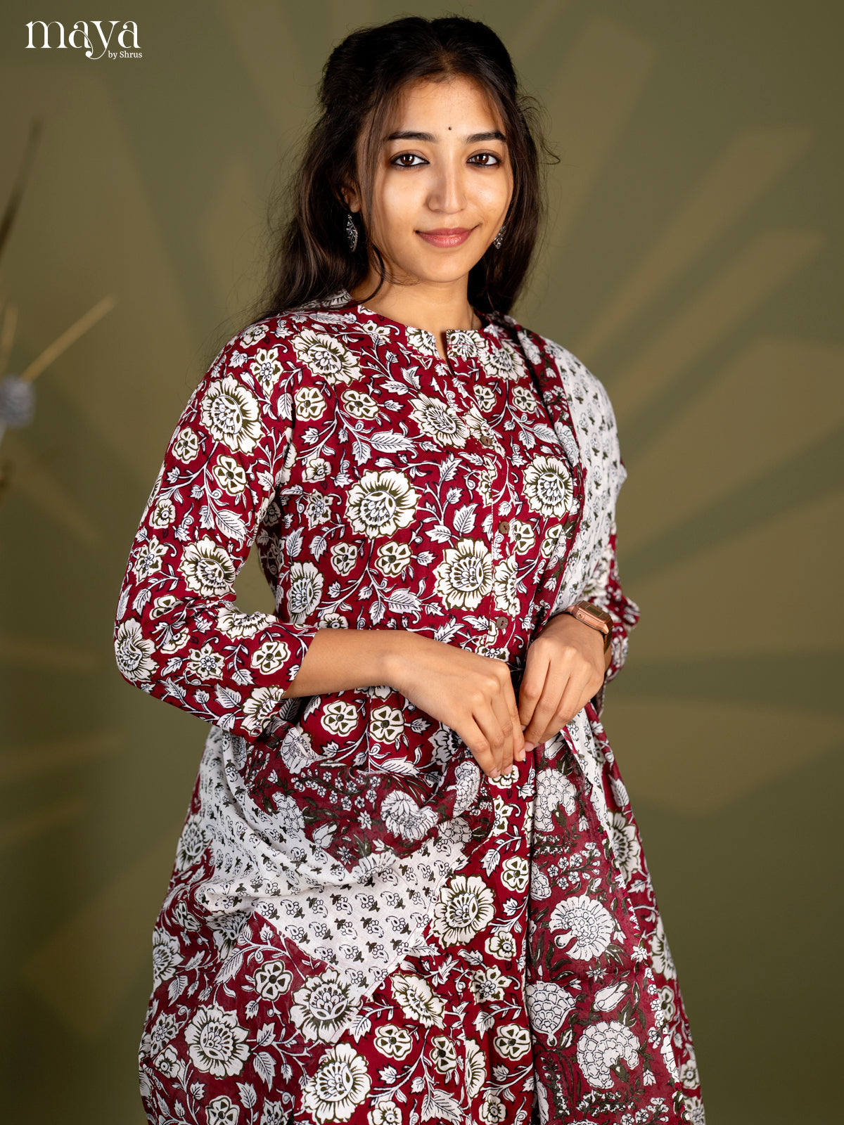 Burgundy Rayon 3pc Salwar Suit with Floral Print - Top, Bottom & Dupatta